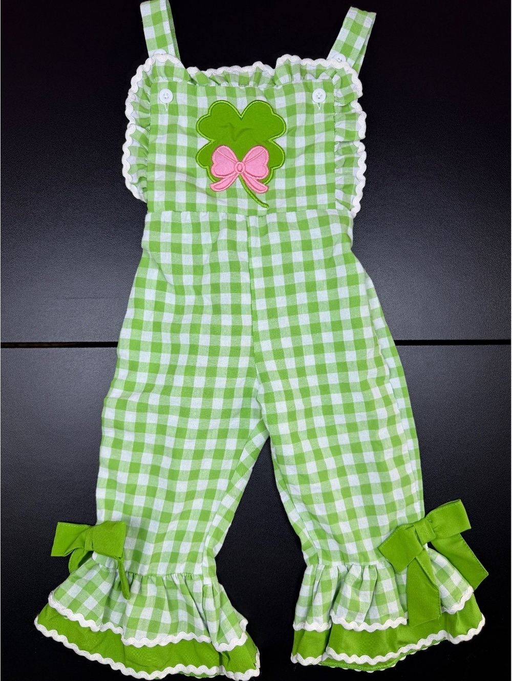 Baby Girl 6-12M St Patrick’s Day Green Gingham Shamrock Ruffle Jumpsuit